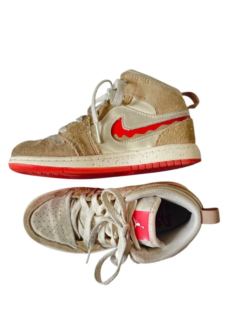 Nike Air Jordan 1 Mid Girls Beige Pink Swoosh High Top Sneakers Kids Size 12C